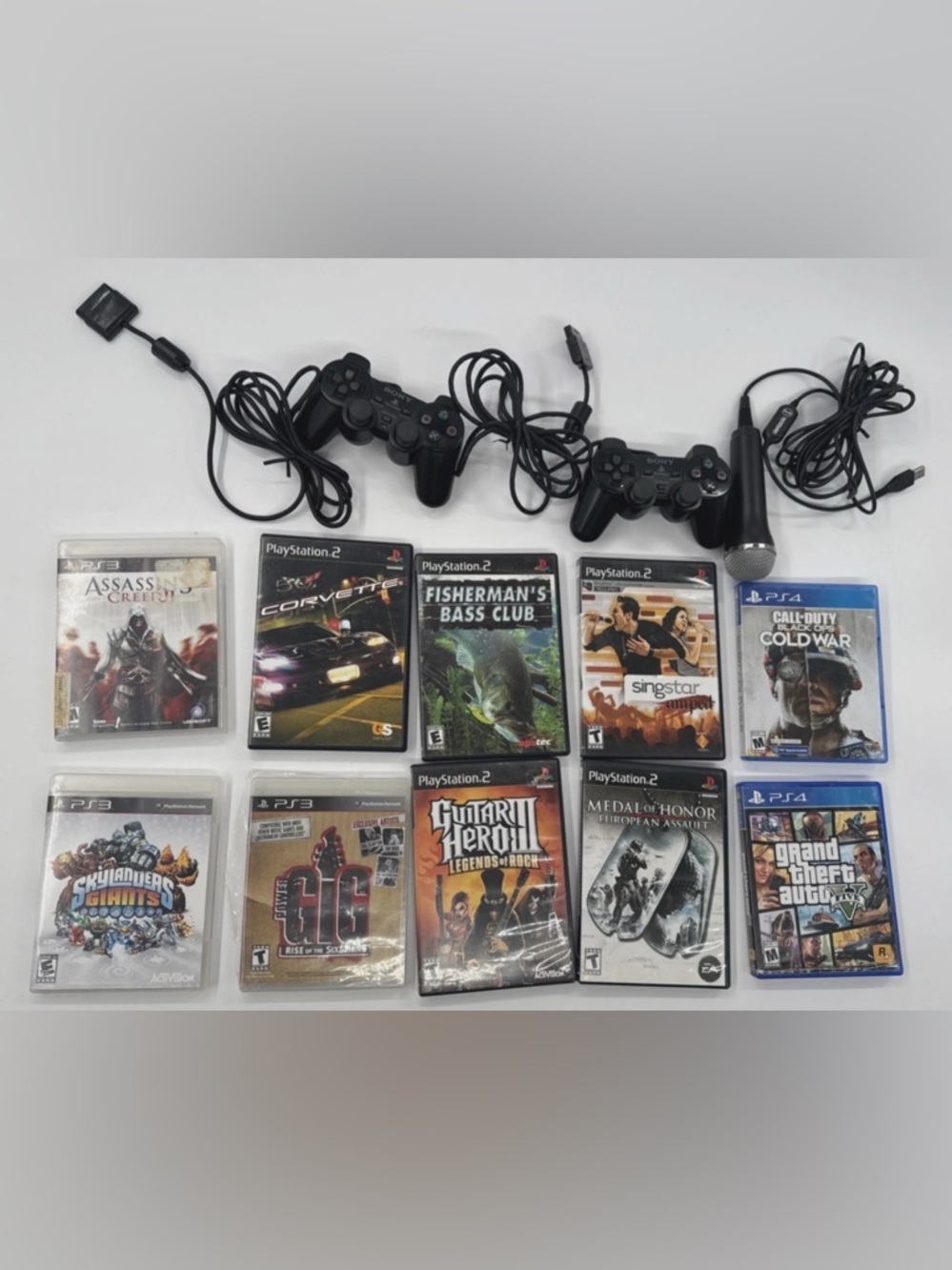 PS2 PS3 PS4 Lot of 10 Video Games Dual Shock 2 Controllers & Microphone UNTESTED